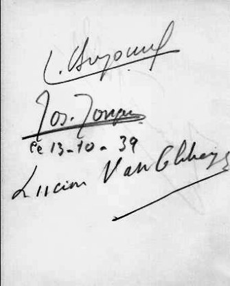 Signature non identifiée, et signatures de Joseph Jongen, compositeur et organiste belge, et Lucien Van Obbergh, basse belge